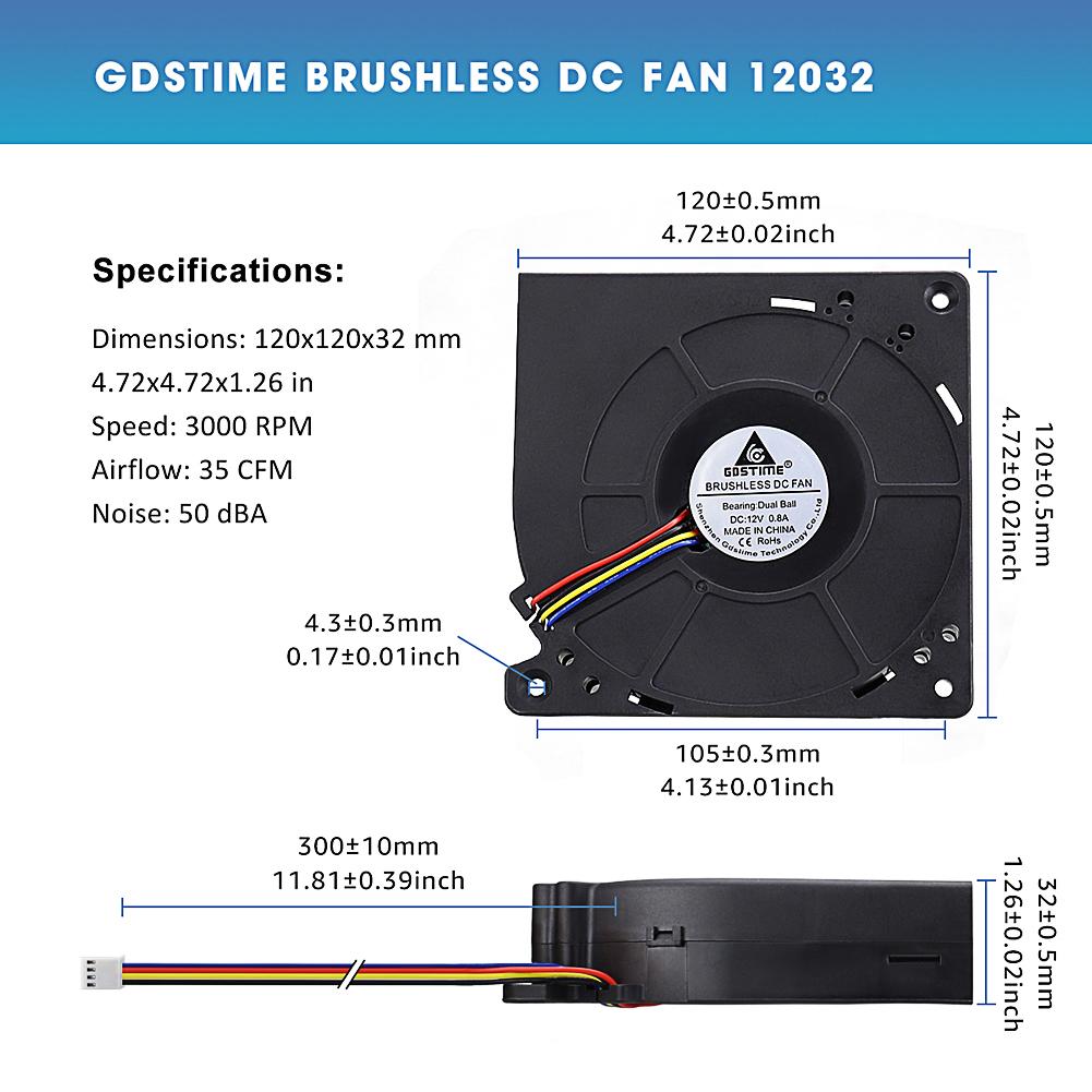 Gdstime 12032 DC 12V 4-контактный FG PWM Функция Двойной шарикоподшипник 120 мм 120x120x32 мм 12 см Центробежный турбинный вентилятор охлаждения