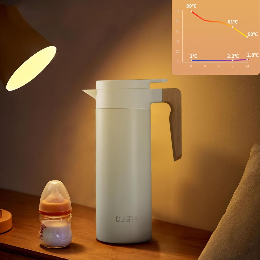 Термос-чайник DUIERA 1,5 литра, Изолированный, 1500 мл, Стильный чайник из нержавеющей стали с деревянной ручкой и крышкой, Настольный, Белый