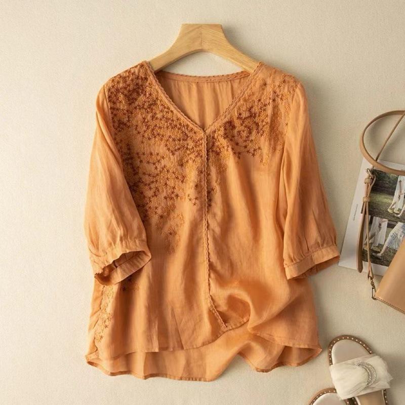 Women's Summer Embroidery Lace Slimming Blouse Boho V Neck Loose Fit Comfy Cotton Linen Tunic Blouse Half Sleeve Tee Shirt Tops