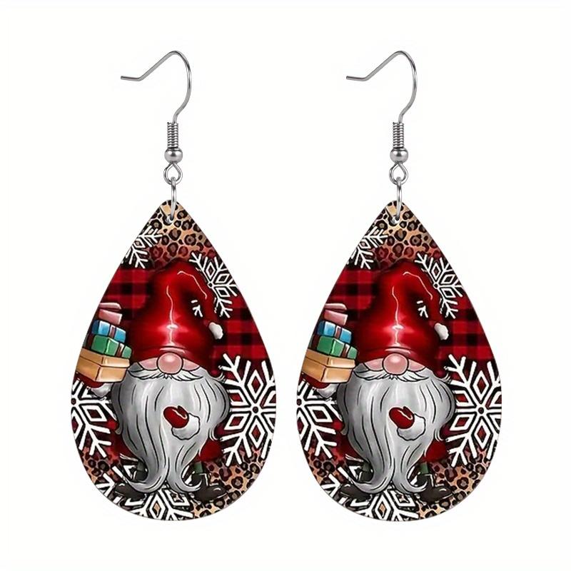 Red Car House Snowflake Print Waterdrop PU Earrings for Women Girls Bearded Dwarf Cartoon Party Decorations Ornaments Christmas Gifts