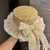 Small fresh Mori pastoral girl soft girl straw hat female handmade lace bow streamer flat top sun hat