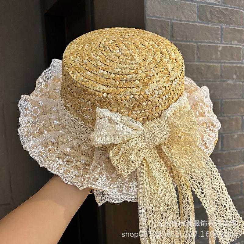 Small fresh Mori pastoral girl soft girl straw hat female handmade lace bow streamer flat top sun hat