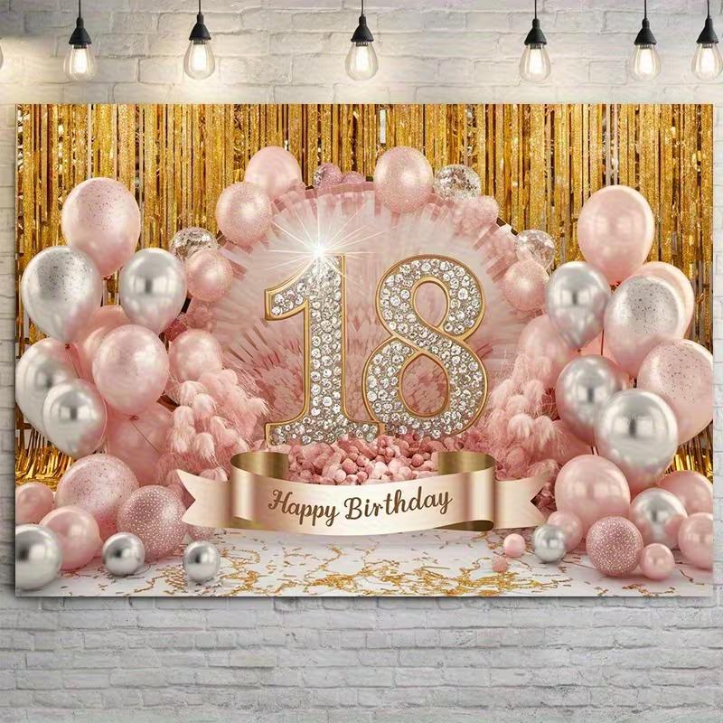 Двумерный фон для 18-летия, розовое золото, блестящая шторка, фон для вечеринки