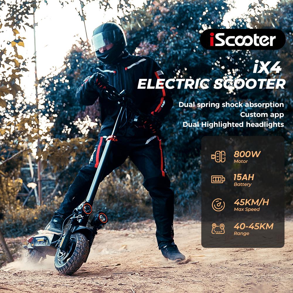 iScooter Электросамокат IX4, двигатель 800 Вт, аккумулятор 15 Ач, 10-дюймовые внедорожные шины, двойная подвеска, макс. скорость 25 км/ч, запас хода 40-45 км, взрослые электросамокаты