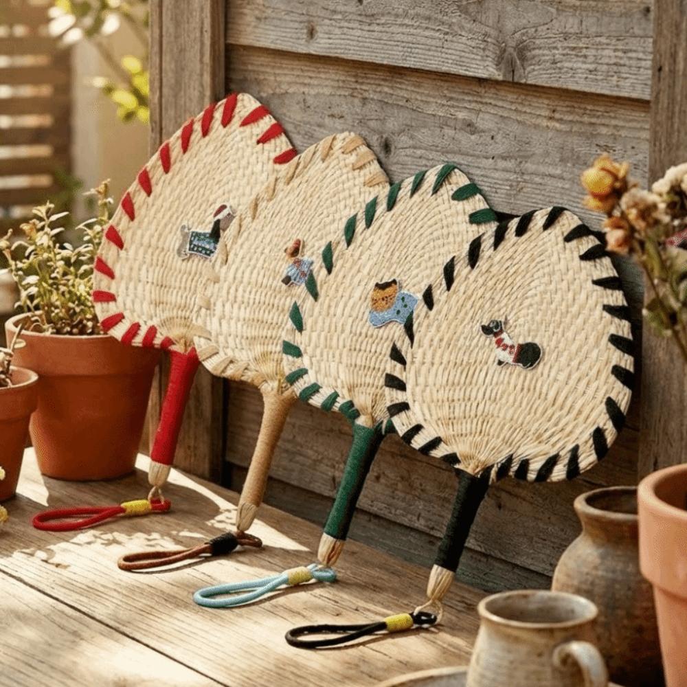 Animal Pattern Straw Woven Fan Handmade Handheld Fan Creative Decorative Fan Home Decoration