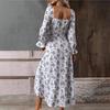 Women Autumn Winter Long Sleeve Flower Print Square Neck Casual A-Line Ankle-Length High Waist Dress