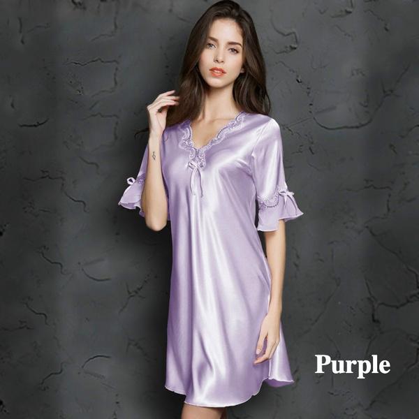 Сексуальное шелковое атласное ночное платье с коротким рукавом, ночная рубашка, кружевное платье для сна, ночная рубашка с v-образным вырезом, ночная рубашка, одежда для сна, ночная рубашка