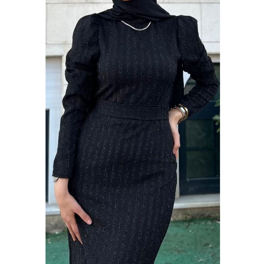 Серебристо-черное вечернее платье в хиджабе с поясом