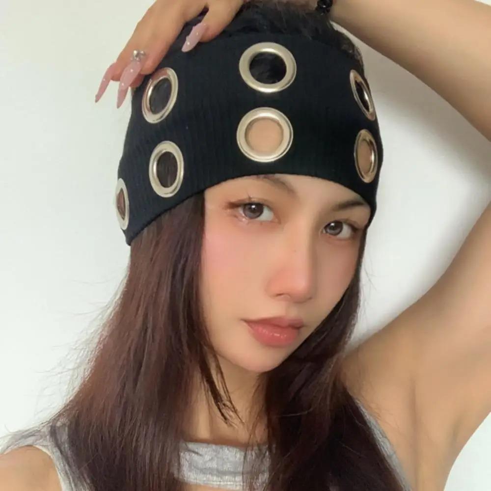 Тканевая панк повязка на голову Широкая эластичная Ажурная с люверсами Повязка на голову Повседневная Рок Повязка на голову Панк Девушка