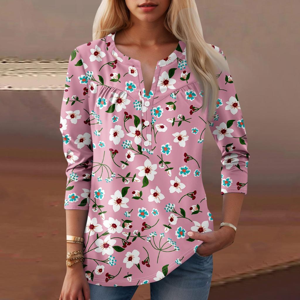 Женская мода повседневный топ с длинным рукавом и круглым вырезом с цветочным принтом