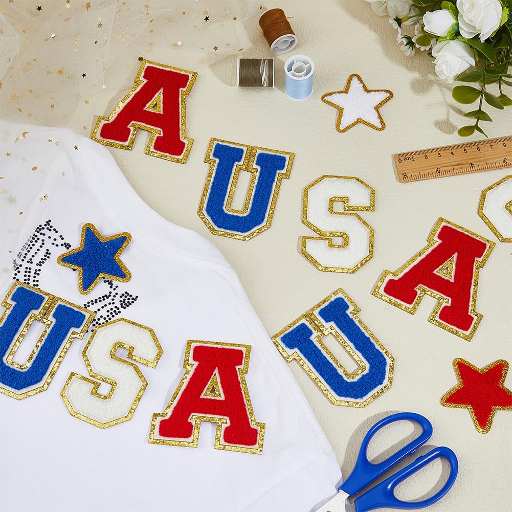 SUPERFINDINGS 12Pcs USA Letter Patch Patriotic Iron On Patch Star Embroidered Applique Patches Glitter Red White Blue USA Chenille Patches for