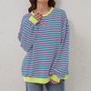 Женская футболка свободного кроя в полоску с длинными рукавами и круглым вырезом на весну и лето