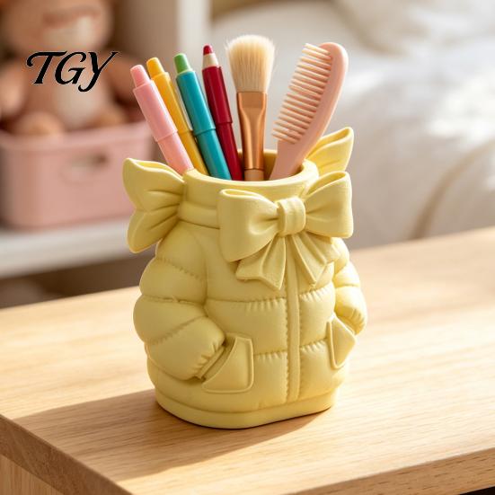 Decorative Pen Pot Cute Bow Puffer Jacket Holder, 3D Printed Desktop Organizer, Aesthetic Desk Decoration Makeup Brush Cup, Creative Storage Container