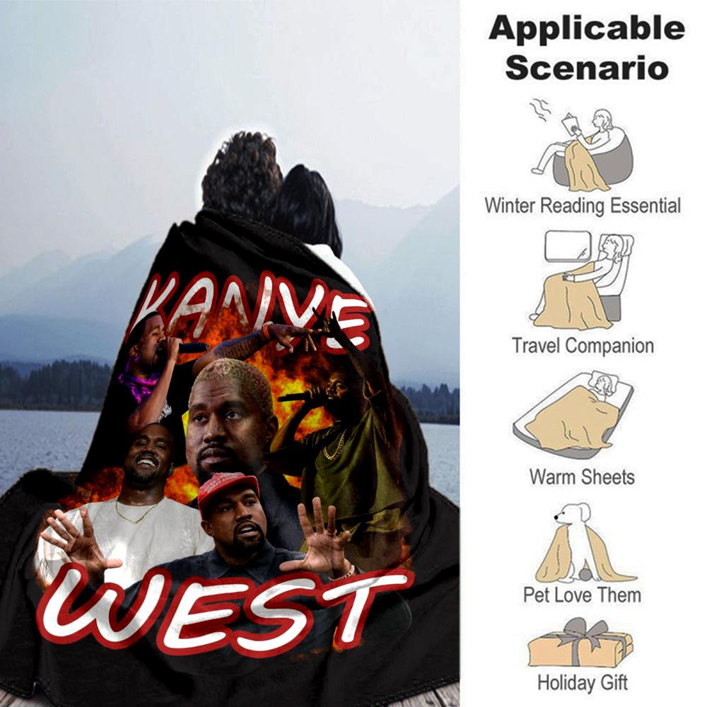 Kanye West Rapper Portrait Collage Print Flannel Blanket Soft Warm Throw Blanket Hip‑hop Fan Sofa Bed Decor