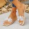 Модная женская обувь 2025 Лето Шлепанцы женские с открытым носком Бант Кристалл Квадратный носок Шлепанцы на низком каблуке для повседневной носки Большой размер Платье Сандалии