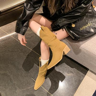 Новые стильные высокие каблуки до середины голени плиссированные сапоги для женщин осень-зима коричневые кожаные вестерн сапоги женские ковбойские сапоги на толстом каблуке