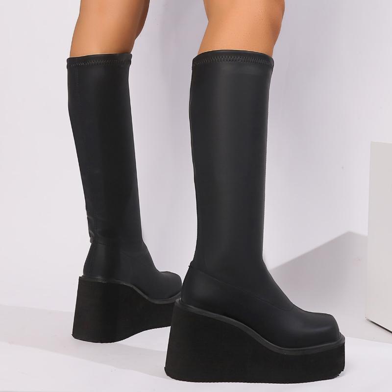 Горячая Распродажа, женские сапоги на танкетке и платформе до колена, размер 42, женская обувь, высококачественные сапоги с круглым носком, Zapatos De Mujer