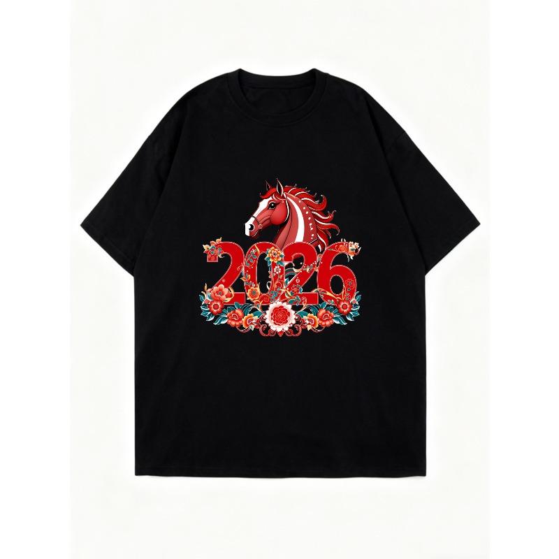 Футболка оверсайз Черная Лошадь 2026 Китайский Новый год Цветочный дизайн Повседневная одежда для женщин