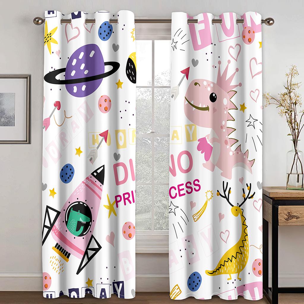 2-панельные шторы с рисунком милого динозавра для мальчиков и девочек, жалюзи для детской спальни, оконные шторы, люверсы, верхний крючок, карман для штанги