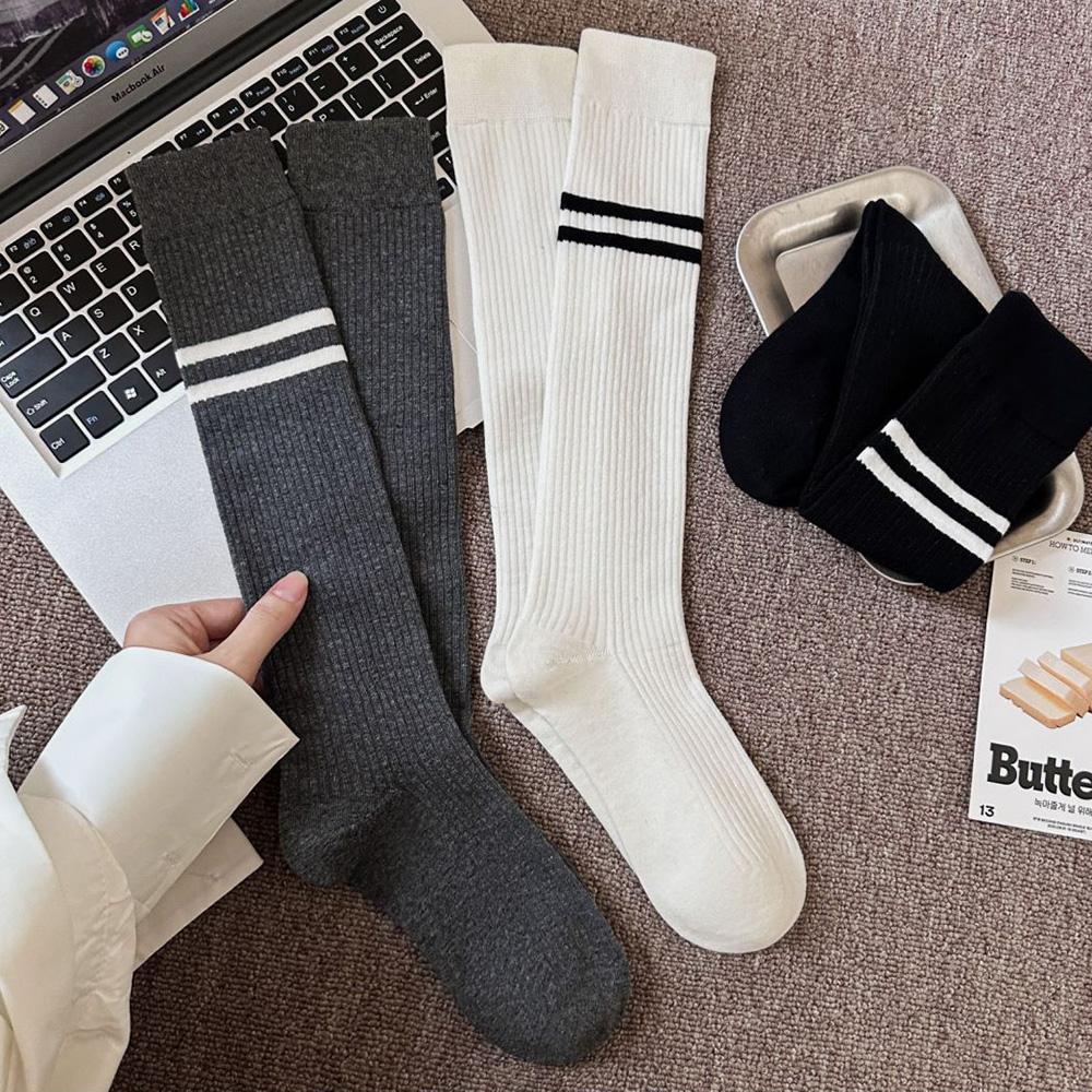 1 Pair/Lot Fashion Two Stripe Women's Calf Socks Autumn Winter Long Female Sokcs Korean Style Cycling Leg Socks High-Quality