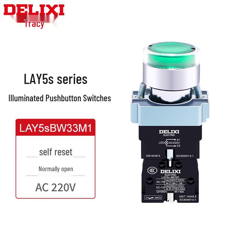 Delixi LAY5s-BW3 Metal Self-Resetting Illuminated Flat Button Switch