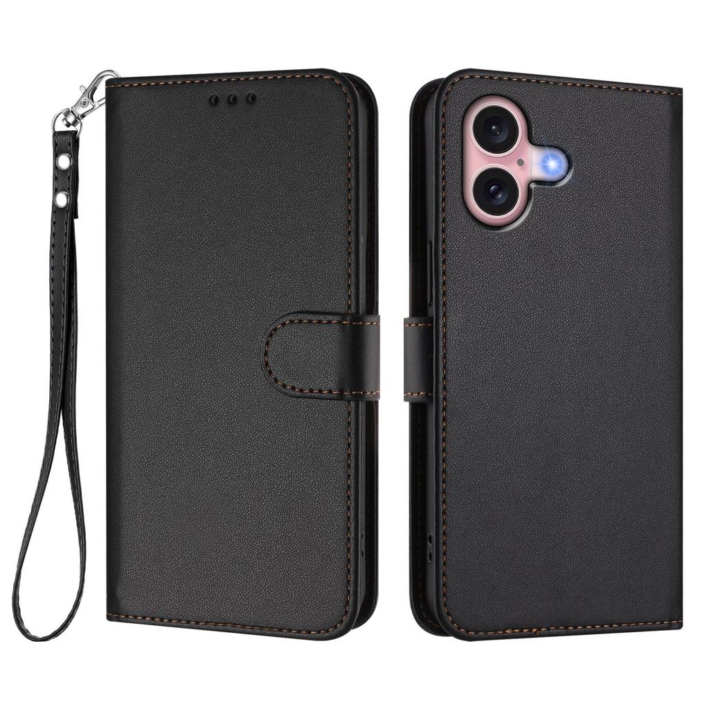 For iPhone 16 Leather Case Wallet Stand Phone Cover with Wrist Strap