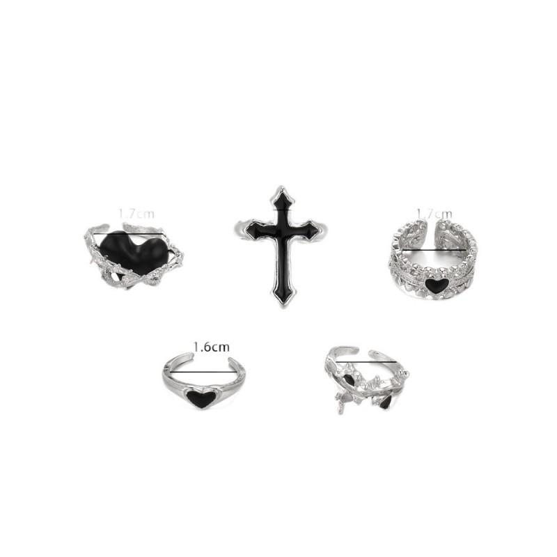 Vintage Dark Cross Heart Ring Set Women Punk Style Open Stackable Finger Rings