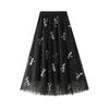Z 3D Three-dimensional Embroidery Dragonfly Embellished Mesh Skirt Women's Summer 3-color French Romantic Skirt High Waist Long Skirt 1810