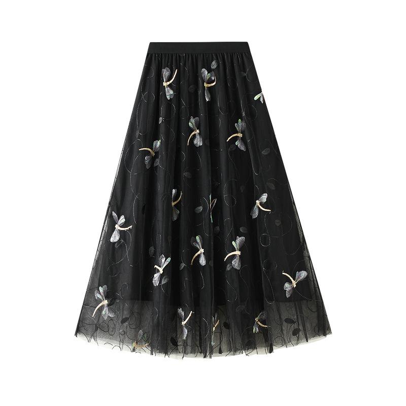Z 3D Three-dimensional Embroidery Dragonfly Embellished Mesh Skirt Women's Summer 3-color French Romantic Skirt High Waist Long Skirt 1810