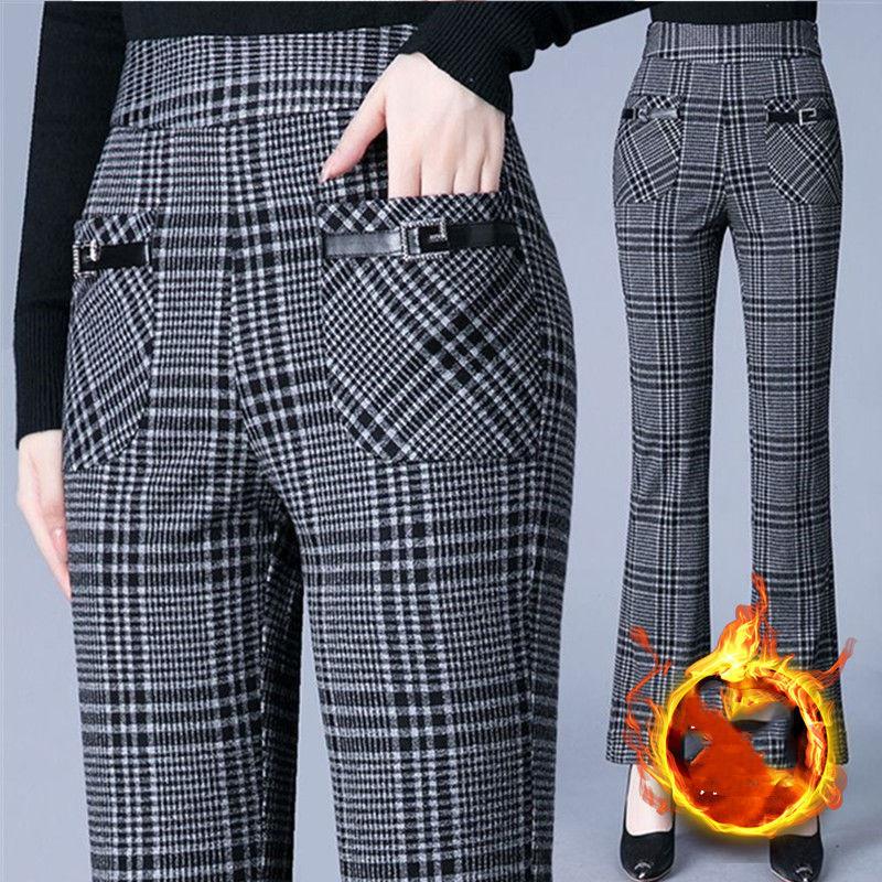 Женские зимние теплые узкие расклешенные брюки с высокой талией, повседневные широкие клетчатые брюки с подкладкой из плотной теплой ткани