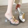 Fashion High-heeled Sandals Women's Fashion Square Head Open Toe Metal Buckle Hollow Waterproof Table Non-slip Slippers