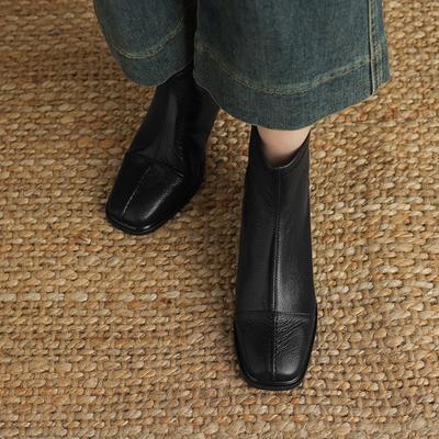 Мода НОВЫЕ Осенние Женские Ботинки Квадратный Носок Массивный Каблук Обувь Натуральная Кожаная Обувь для Женщин Лаконичные Современные Ботинки Повседневная Обувь Ботинки на Молнии