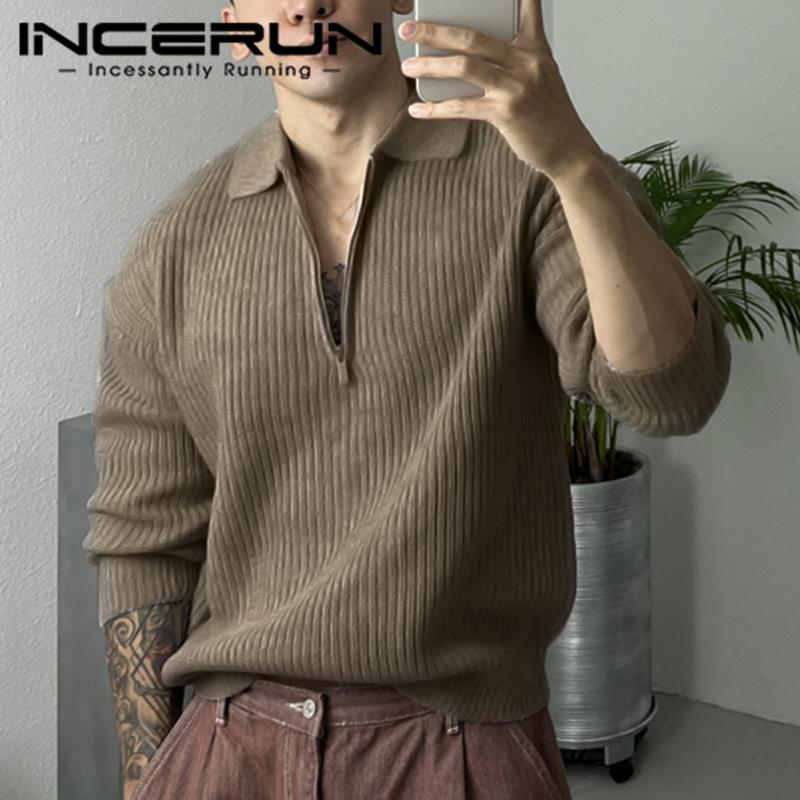INCERUN Осенне-зимние мужские свободные свитера на молнии с воротником