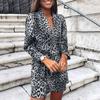 Women  Slim  Long Sleeve Leopard Printing V-Neck Bandage Irregular Dress