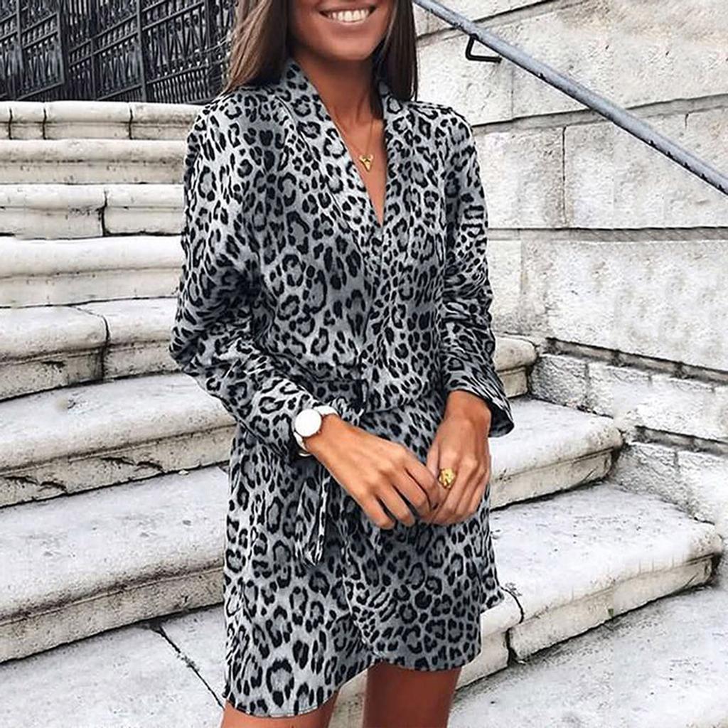 Women  Slim  Long Sleeve Leopard Printing V-Neck Bandage Irregular Dress