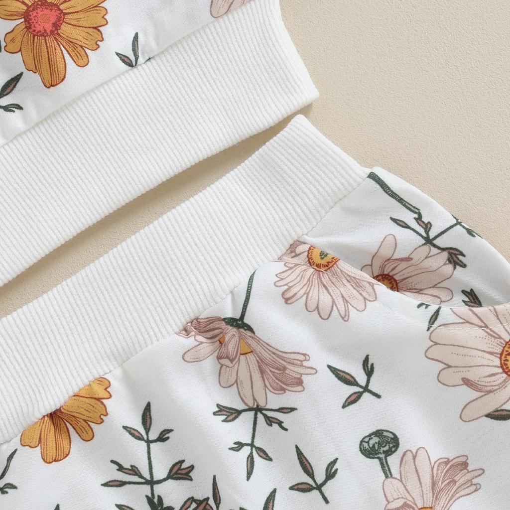 Комплект из двух предметов для маленьких девочек, 6 мес, 12 мес, 18 мес, 24 мес, 3 года, толстовка с круглым вырезом и длинными рукавами и цветочным принтом, спортивные штаны с эластичной резинкой на талии, осенняя одежда