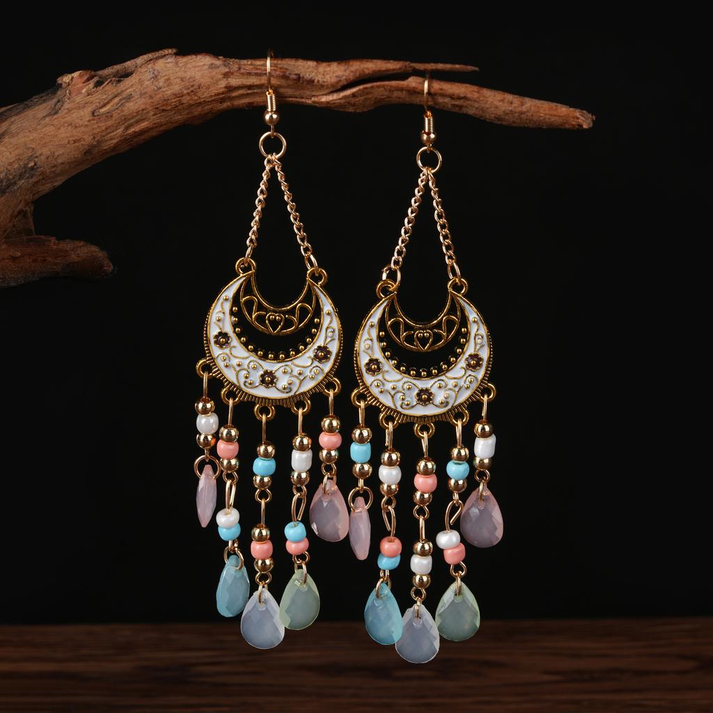 Bohemian Water Drop Bead Fringed Earrings, Premium Long Crystal Earrings, Ethnic Style Retro Personality Versatile Ear Hooks