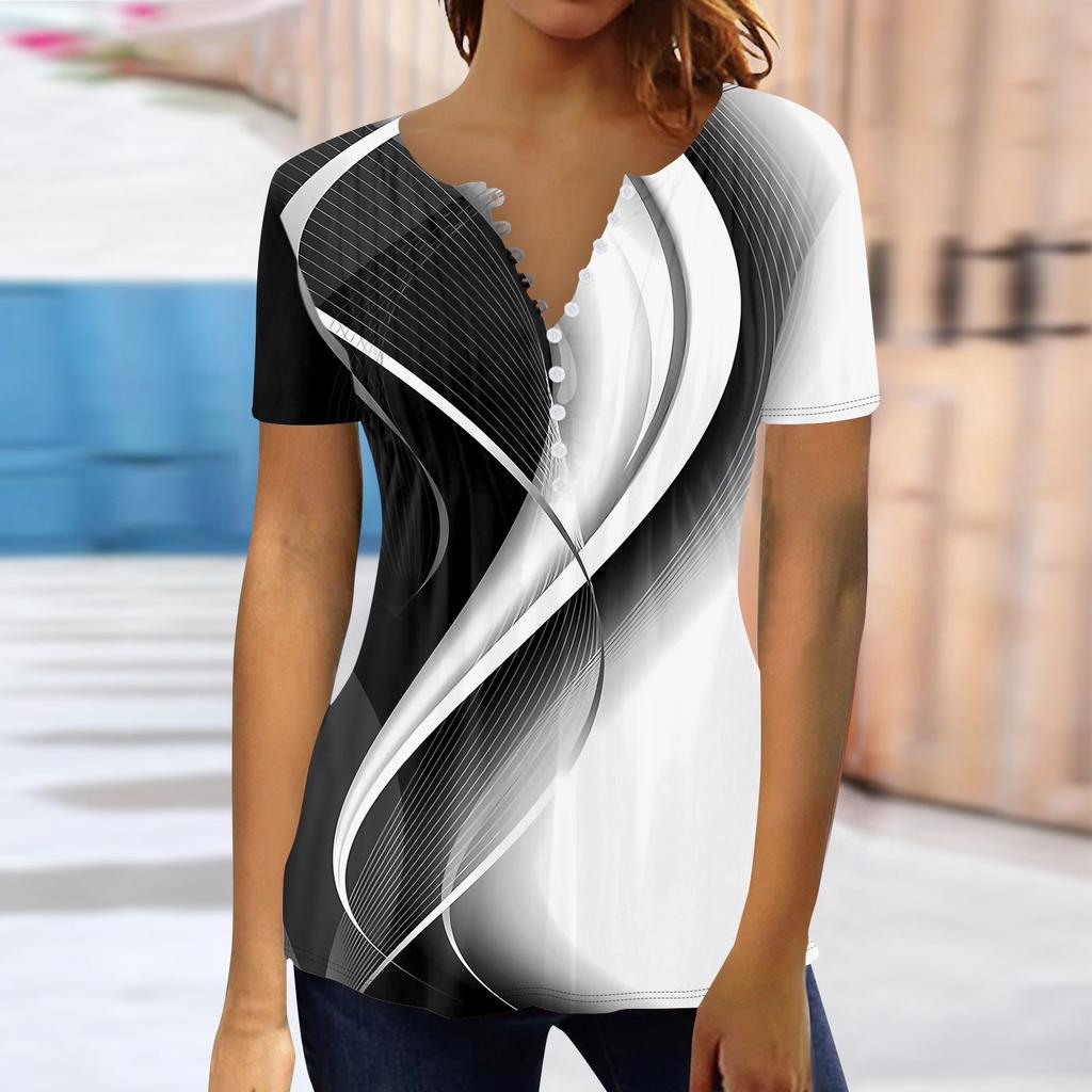 Летние топы для женщин, модные рубашки-туники с принтом в стиле бохо, футболка с короткими рукавами и пуговицами, V-образный вырез, повседневная свободная блузка