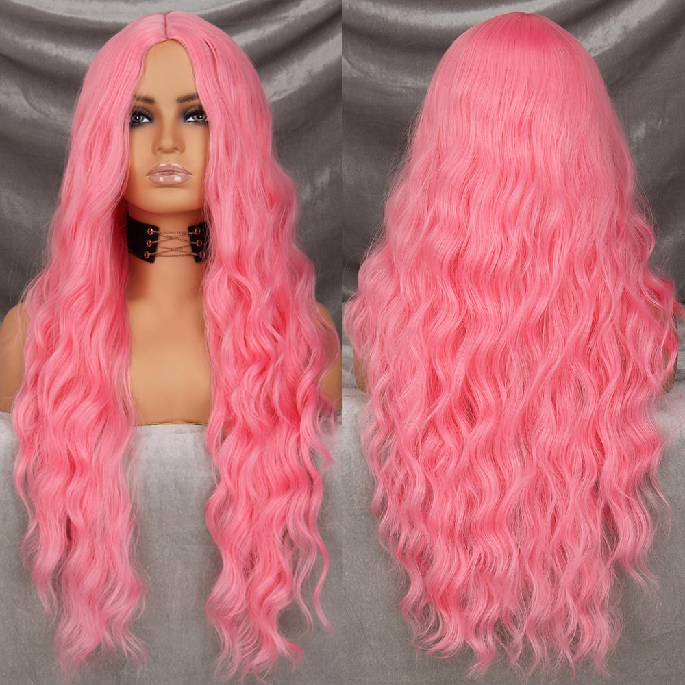 XINRAN Длинный волнистый розовый парик из синтетического термостойкого волокна, женский натуральный длинный волнистый парик для косплея, повседневная одежда
