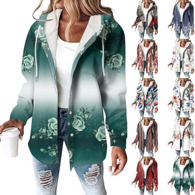 Толстовки женские зимние теплые толстовки на пуговицах с капюшоном и завязками на шнурке с принтом куртка пальто