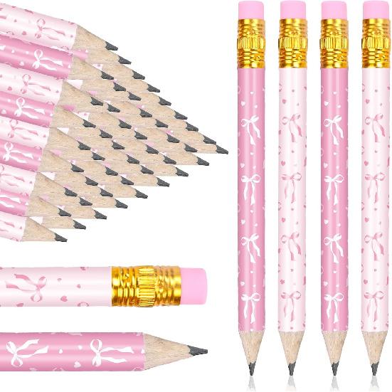 50Pcs Pink Bow Short Pencil with Eraser Trendy Bowknot Writing Pencil Wood Mini Pencils for School Classroom Office Stationery Supplies, 4 Inch