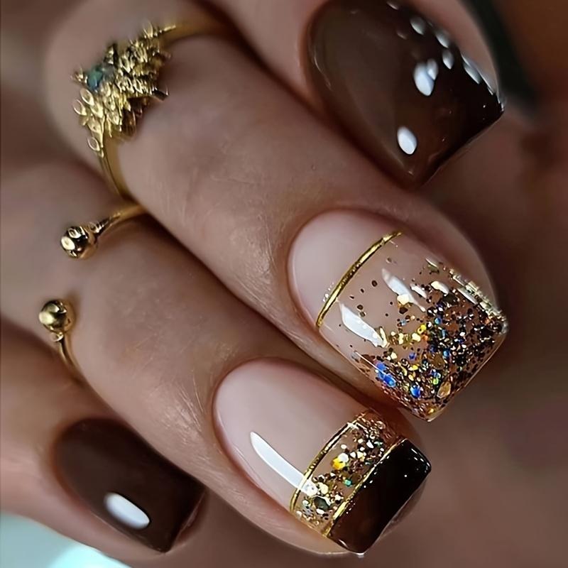 24 Pcs Glossy Medium Square Press On Nails French Style False Nails Glitter Reusable Fake Nails For Women