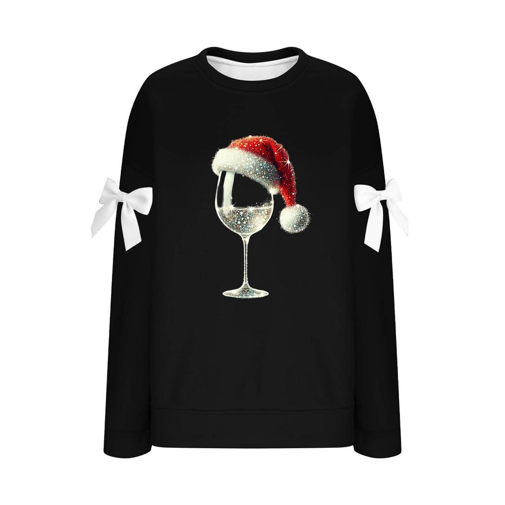 Ladies' Christmas Printed Bow Round Neck Long Sleeved Loose Pullover Sweater Sweatshirt Top
