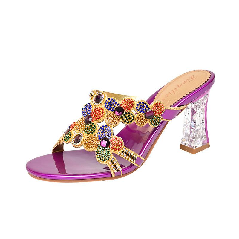 Модные удобные летние пляжные тапочки с открытым носком, женские босоножки на высоком каблуке со стразами и бриллиантами, модная нескользящая обувь для вечеринок