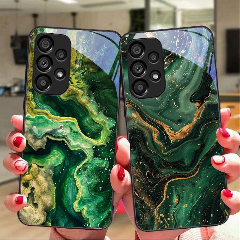Зеленый мрамор для Samsung Galaxy S10 20 Plus 21 FE 22 23 24 FE 25 Ultra Черный чехол для телефона из закаленного стекла Жесткий чехол