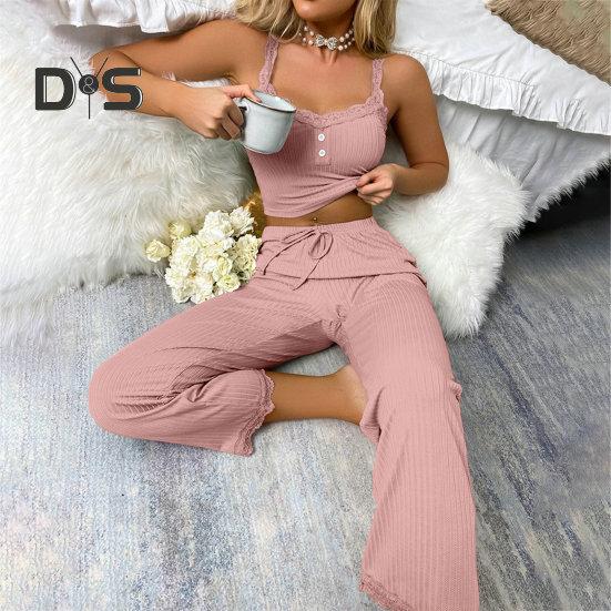 2 Pcs/Set Pants Top Suit Low-cut V Neck Sleeveless Solid Color Shirring Drawstring High Elastic Waist Lace Women Summer Pajamas Set Homewear Tank Top