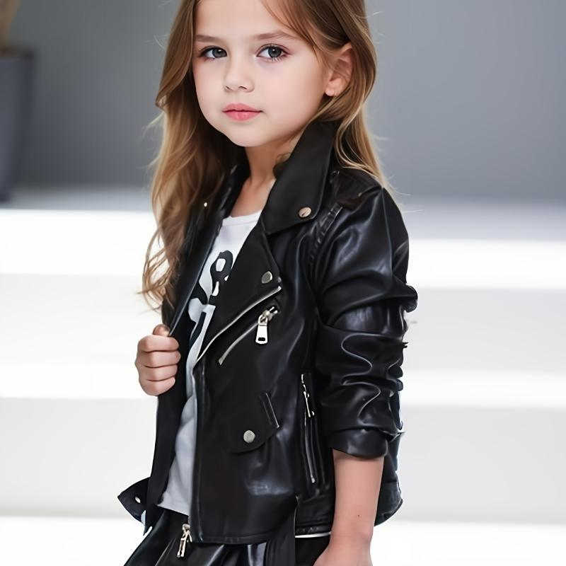 Детская куртка из искусственной кожи весна-осень для девочек, байкерская верхняя одежда, однотонное пальто на молнии с поясом