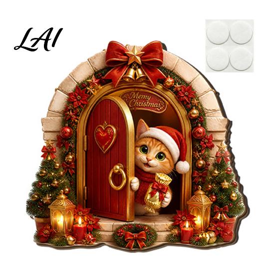 Christmas Themed Craft Wooden Miniature Fairy Door 2D Flat Cute Mouse Cat Santa Holiday Door Ornament Snowman Tiny Decoration for Wall Decor,