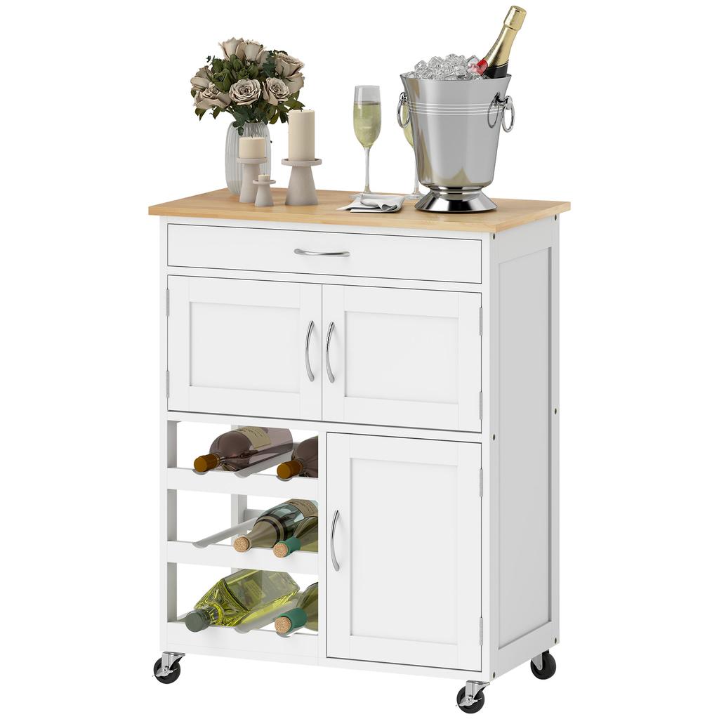 Kitchen Trolley with Multiple Storage Options: 2 Cupboards, 9-Bottle Rack, White MDF, Drawer
