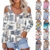 Women's Casual Shirt Blouse Print V-neck Sexy Cold Shoulder Long Sleeve Top